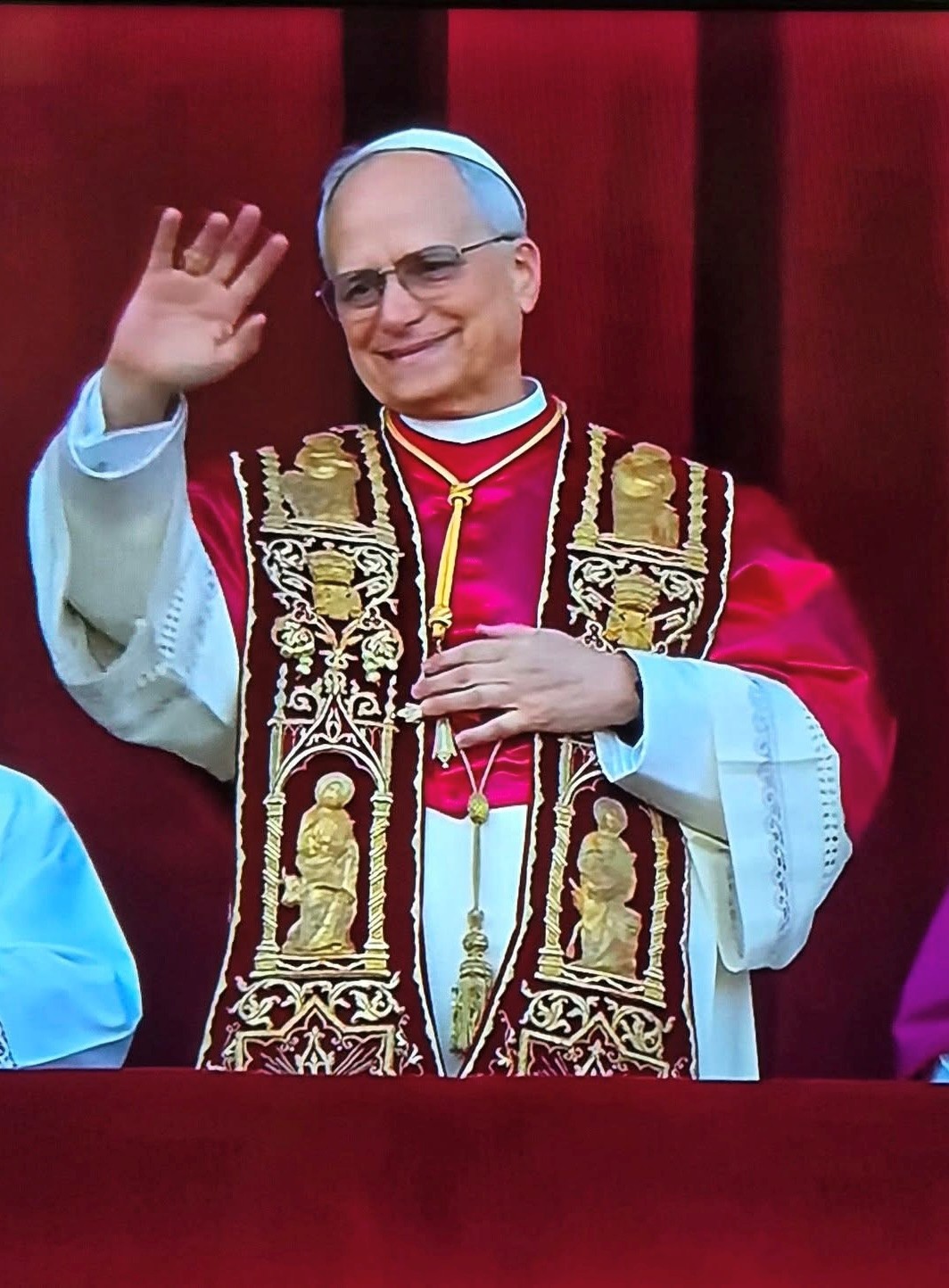 Picture of Robert Francis Cardinal Prevost on the Balcony of St. Peters Basilica  as Pope Leo 14th