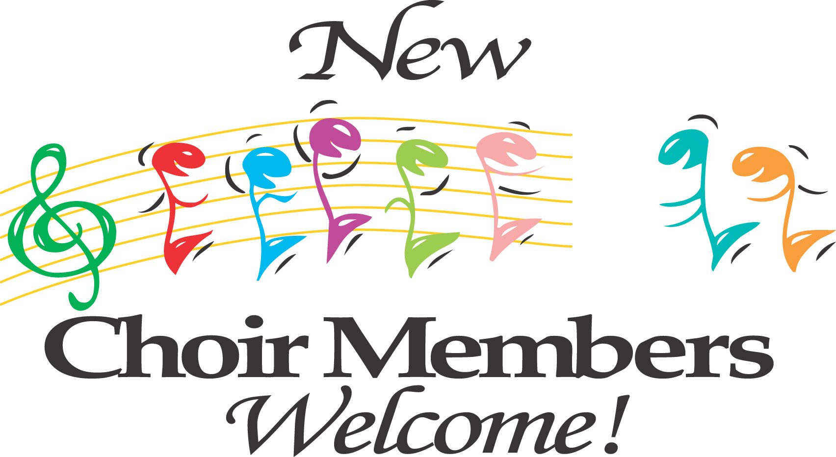 Clip art colourful image of music notes inviting new choir members