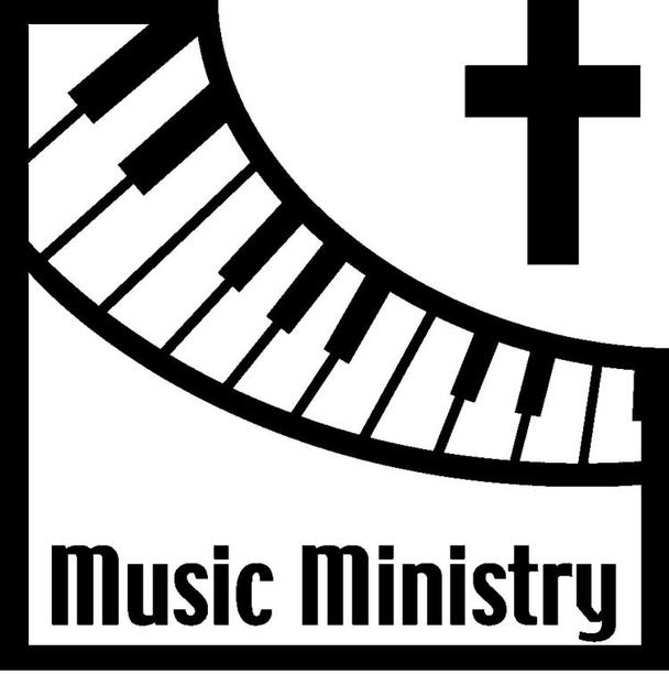 Black and white image of piano keys with a cross and title of music ministry