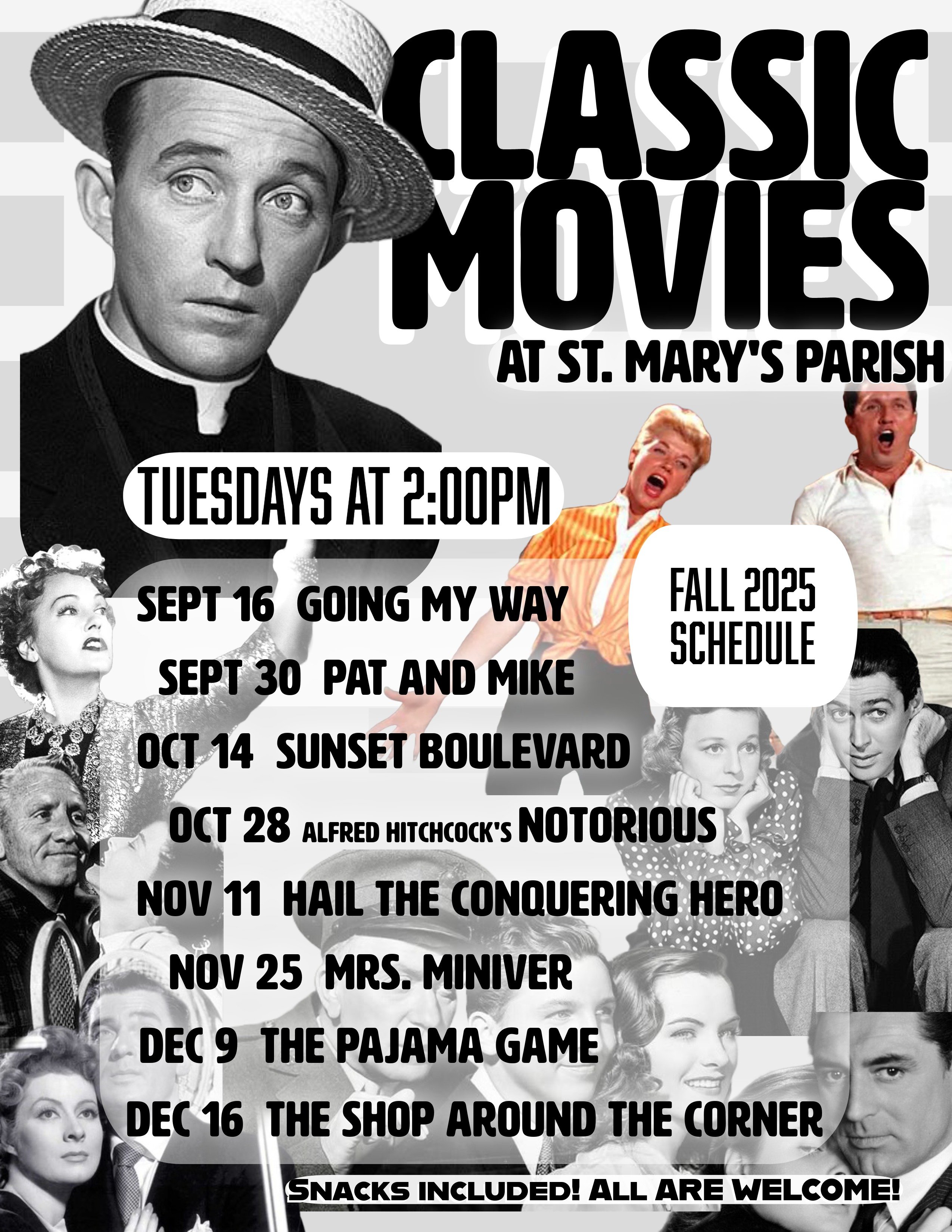 A poster with the schedule for Classic Movies at St Mary's in Fall 2025