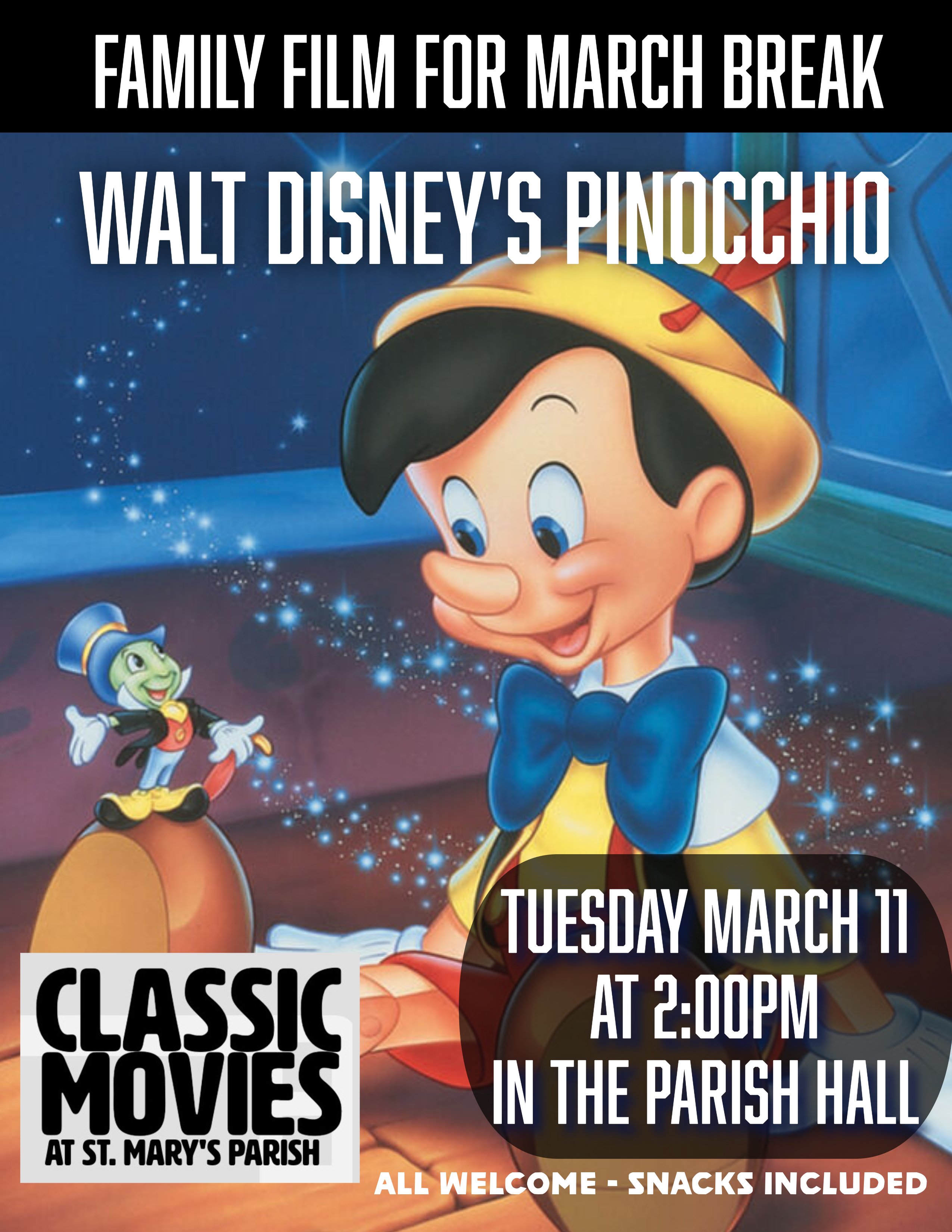 A Classic Movie poster of Pinocchio for a Family Film for March Break