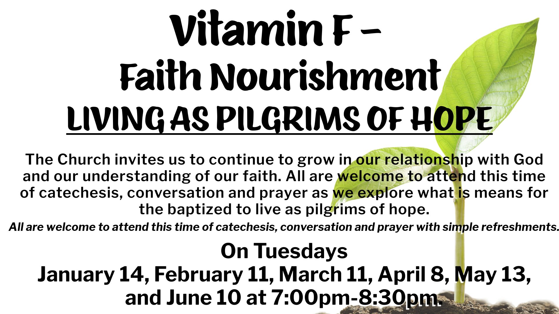 A poster with the dates for Vitamin F - Faith Nourishment Tuesday nights once a month at St. Marys